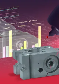 Präzisionsmessung eines Bauteils vor einem Hintergrund mit grafischen Datenauswertungen und Statistiken.