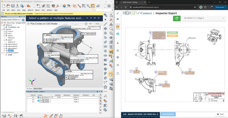 Vergleichsansicht: Bauteil-Analyse in PolyWorks und Export-Vorgang in High QA Inspector.