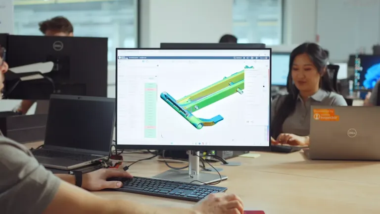 Polygon-Berg mit Bergsteiger an der Spitze, Markierung X und D-Symbol als Sinnbild für die 3D-Messtechnik-Transformation.
