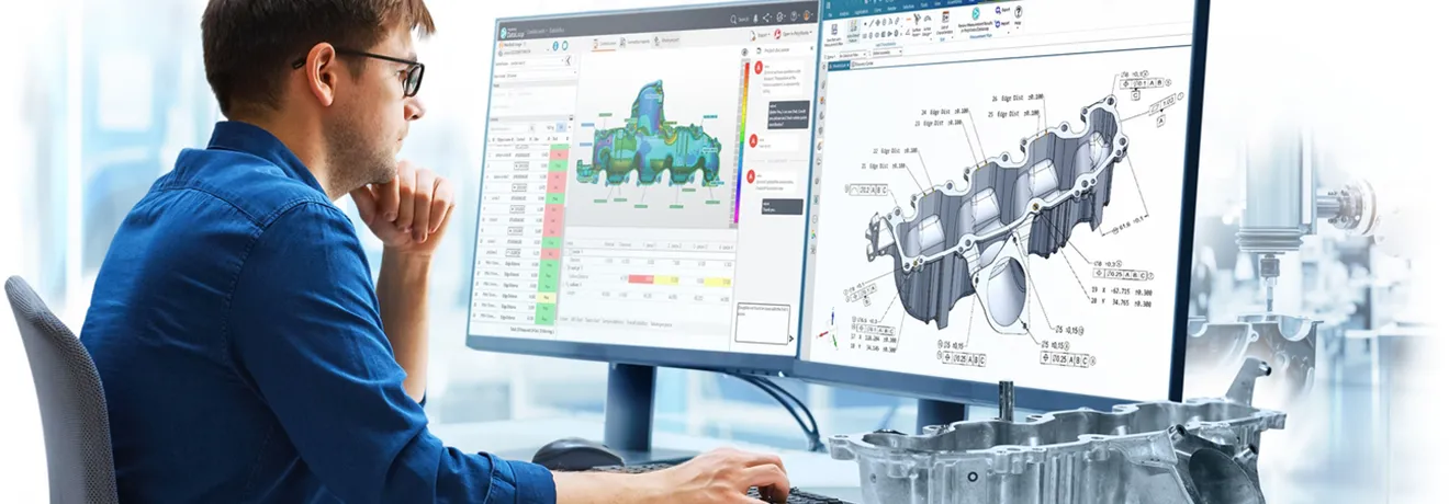 Messtechniker vergleicht Bauteil im PolyWorks Inspector mit der technischen Zeichnung.