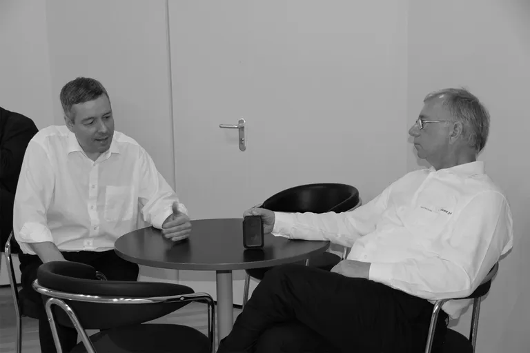 Gründer im Austausch, Präsident von InnovMetric Dr. Marc Soucy und Firmengründer der Duwe-3d AG Dr. Hans-Peter Duwe