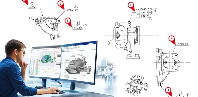 Messtechniker analysiert Bauteil in PolyWorks, im Hintergrund Messzeichnungen.