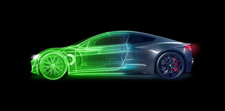 Auto: Vorderteil zeigt moderne Flächenrückführung, das Heck ist im Originalzustand dargestellt.