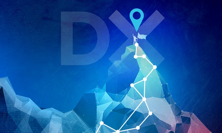 Polygon-Berg mit Bergsteiger an der Spitze, Markierung X und D-Symbol als Sinnbild für die 3D-Messtechnik-Transformation.