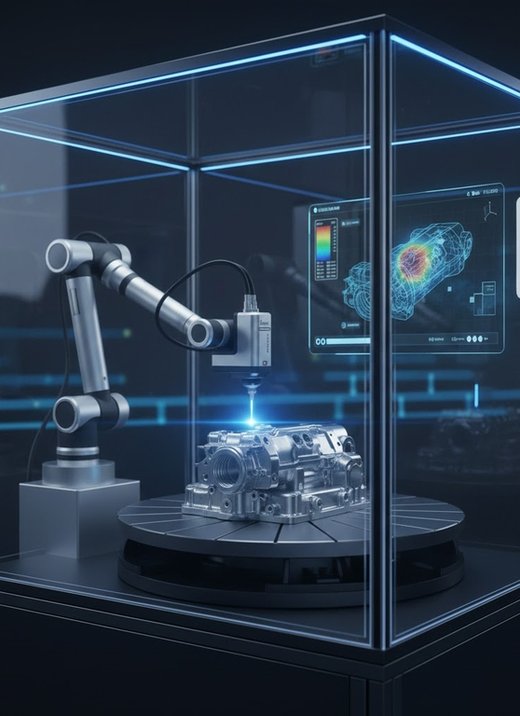 Automatisierte Qualitätskontrolle in einer futuristischen Messzelle: Ein Scanarm vermisst ein Bauteil