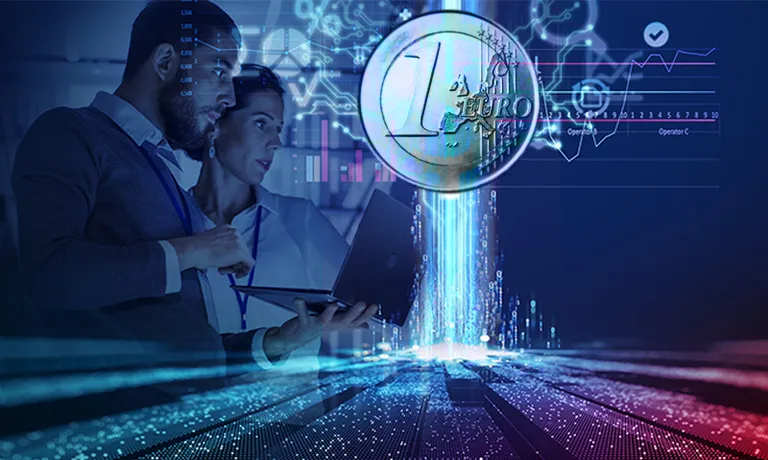 Zwei Personen analysieren Statistiken, eine schwebende Ein-Euro-Münze symbolisiert die Wertsteigerung von 3D Messdaten