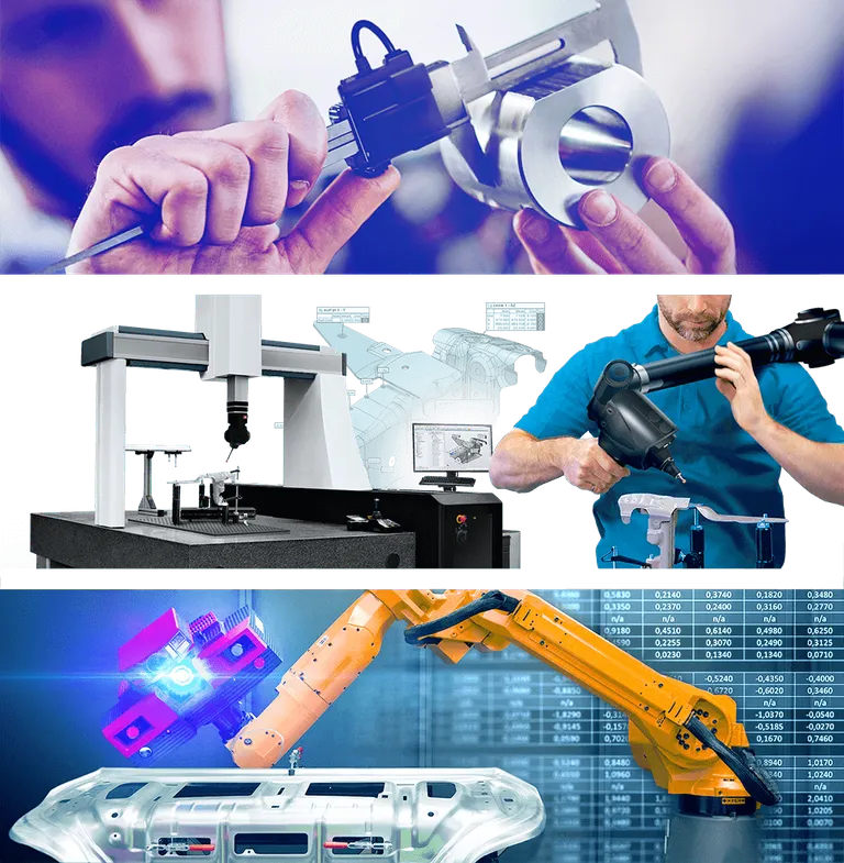 Messtechniker mit Messschieber, Koordinatenmessgerät (KMG) und mobilem Messarm bei der Vermessung von Bauteilen.