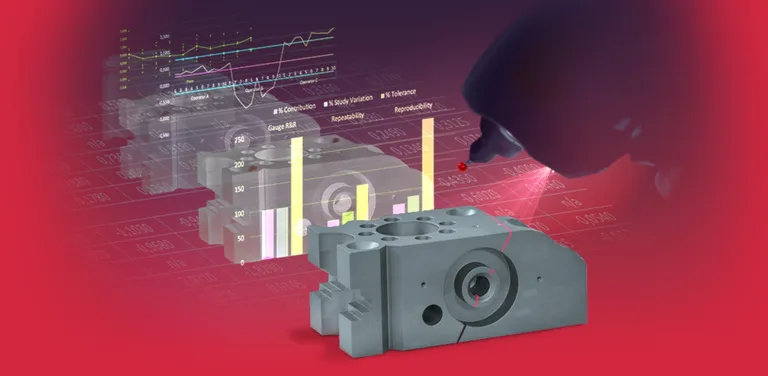 Präzisionsmessung eines Bauteils vor einem Hintergrund mit grafischen Datenauswertungen und Statistiken.