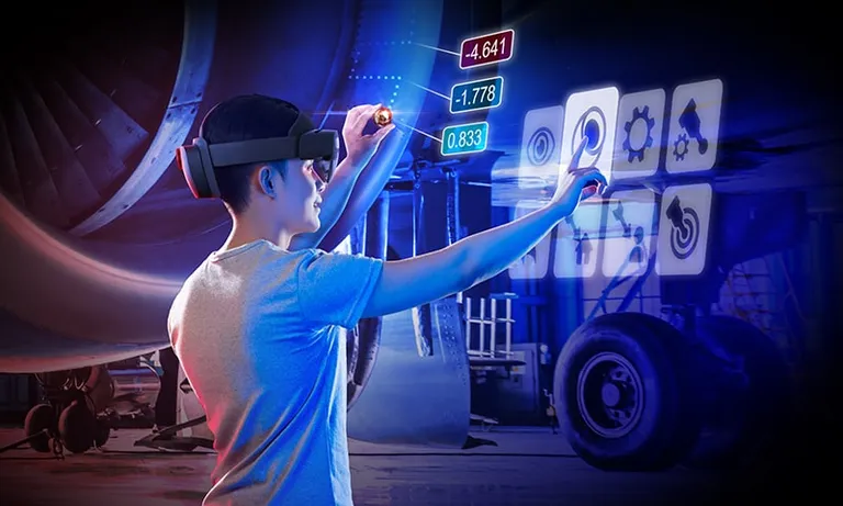 Messtechniker nutzt VR-Brille zur industriellen Qualitätskontrolle mit der Software PolyWorks Inspector.