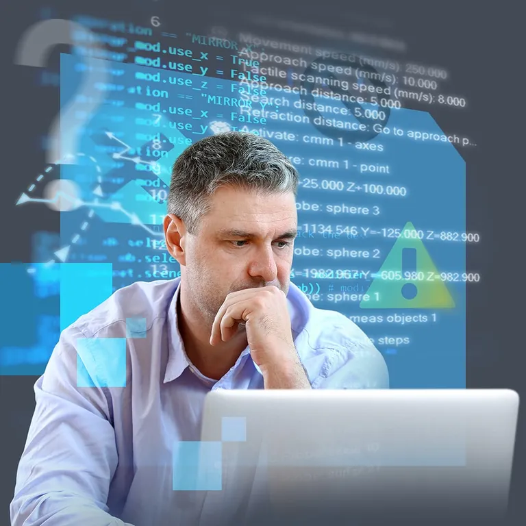 Nahaufnahme: Messtechniker bei der konzentrierten Analyse eines Bauteils.