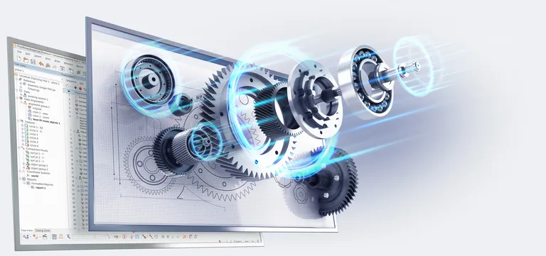 Grafik-Monitor zeigt High QA Inspector: 3D-Hervorhebung von Bauteilen und Maßen aus einer technischen Zeichnung