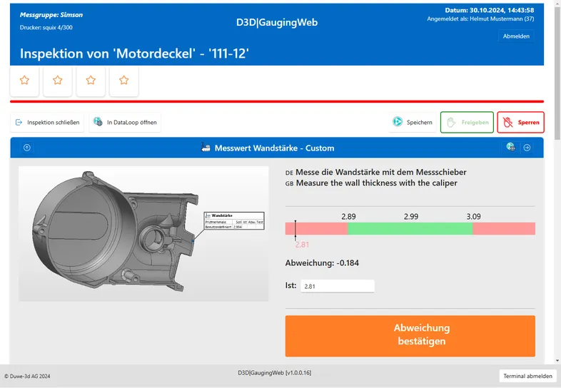 Web-Interface Bild 5 - D3D | GaugingWeb - Lösung für die Integration von manuell erfassten Messdaten in PolyWorks|Inspector