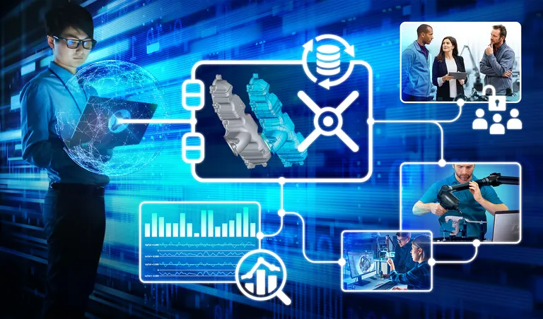Qualitätsmanager am Laptop: Grafik zeigt Datenverknüpfung zwischen Abteilungen und entlang aller Fertigungsschritte