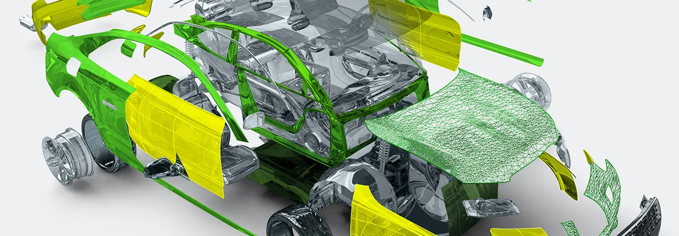 Modernes Auto in Explosionsdarstellung: Veranschaulichung von Flächenrückführung und Rapid Prototyping in PolyWorks Modeler