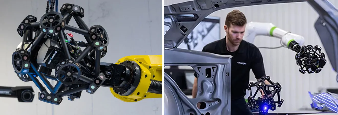 Creaform Ametek Metrascan beim Messen mit PolyWorks und einer automatisierten Lösung mit Roboterarm