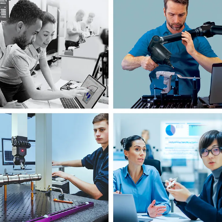 Vier Ansichten: Messtechnik bei Bauteil-Analyse in PolyWorks, Messarm-Einsatz, KMG-Messung und Experten im Fachgespräch.
