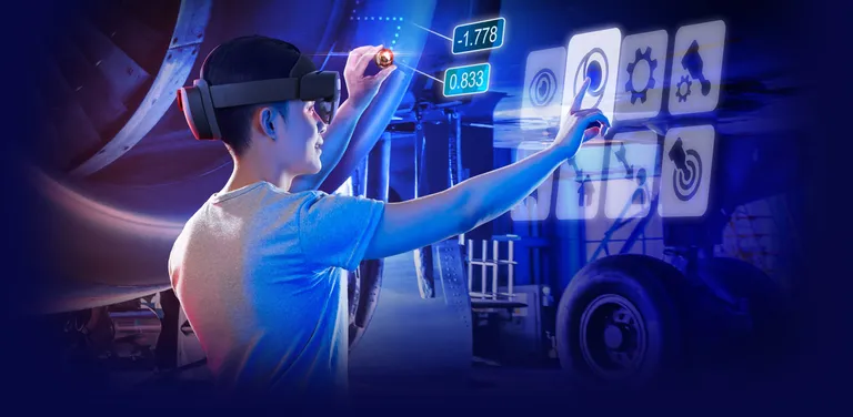 Messtechniker nutzt VR-Brille zur industriellen Qualitätskontrolle mit der Software PolyWorks Inspector.
